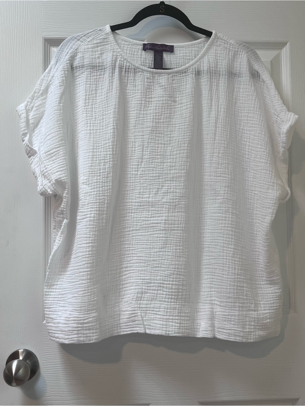 Gauzy Textured Cotton Drop Shoulder Roll Sleeve Top White Size XXL Coastal